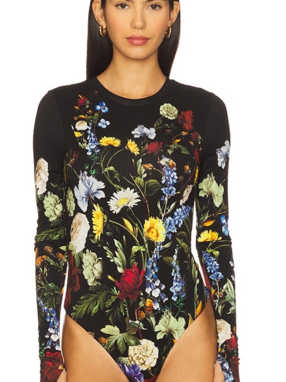 Women’s Alice + Olivia Olea Black Floral Long-Sleeve Bodysuit - SIZE M